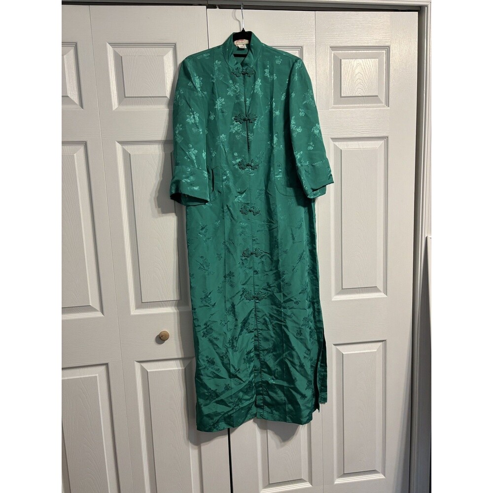 Vintage 60s satin Floral traditional Chinese kimono dress women medium green